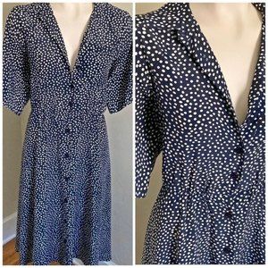 VINTAGE Donna Toran retro polka dot button front wide sleeve midi dress